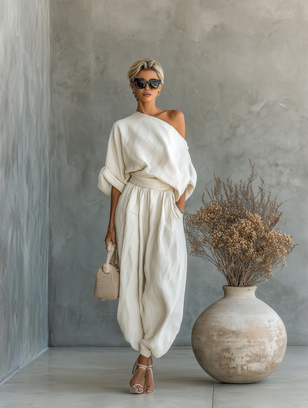 Linen Off-shoulder Casual Top And Tapered Pants Set