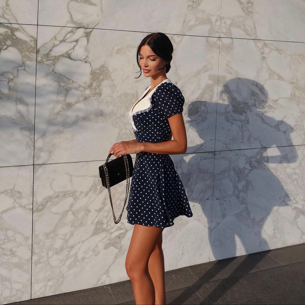 Fiorella Dark Blue Polka Dot Vintage Mini Dress