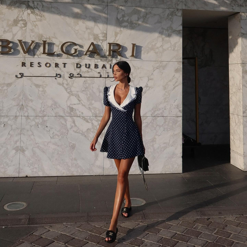 Fiorella Dark Blue Polka Dot Vintage Mini Dress
