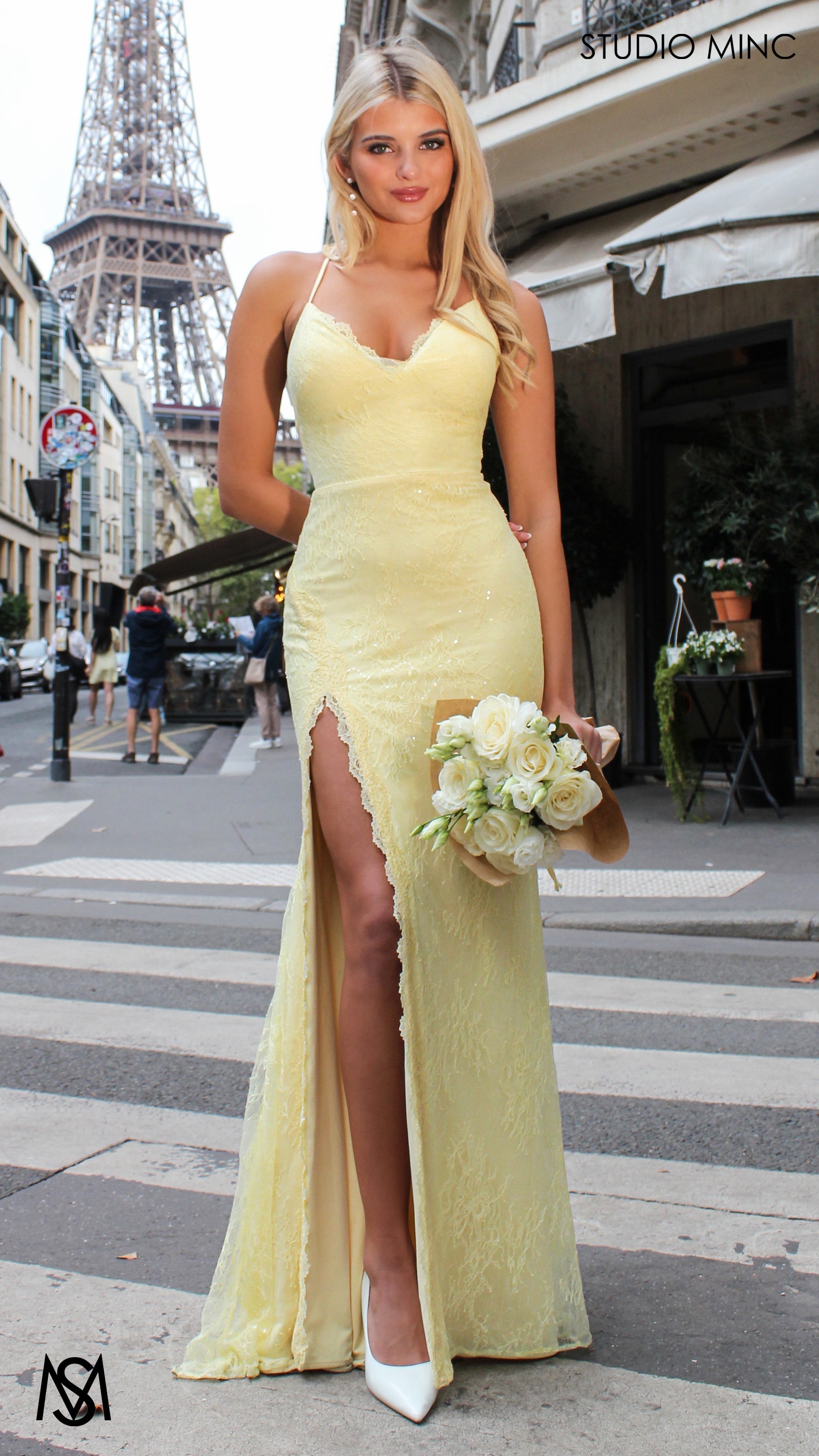 Fleur - Yellow Formal Dress, Lace V neckline lace up backless, fitted high leg slit