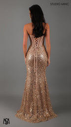 Luminous - Gold Formal Dress, Sequin beaded strapless corset net cut out backless lace up mermaid fishtail leg slit