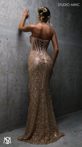Luminous - Gold Formal Dress, Sequin beaded strapless corset net cut out backless lace up mermaid fishtail leg slit
