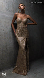 Luminous - Gold Formal Dress, Sequin beaded strapless corset net cut out backless lace up mermaid fishtail leg slit