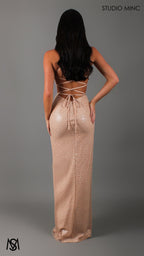 Nightfall - Gold Formal Dress, Sequin net plunge V neckline, cut outs backless lace up