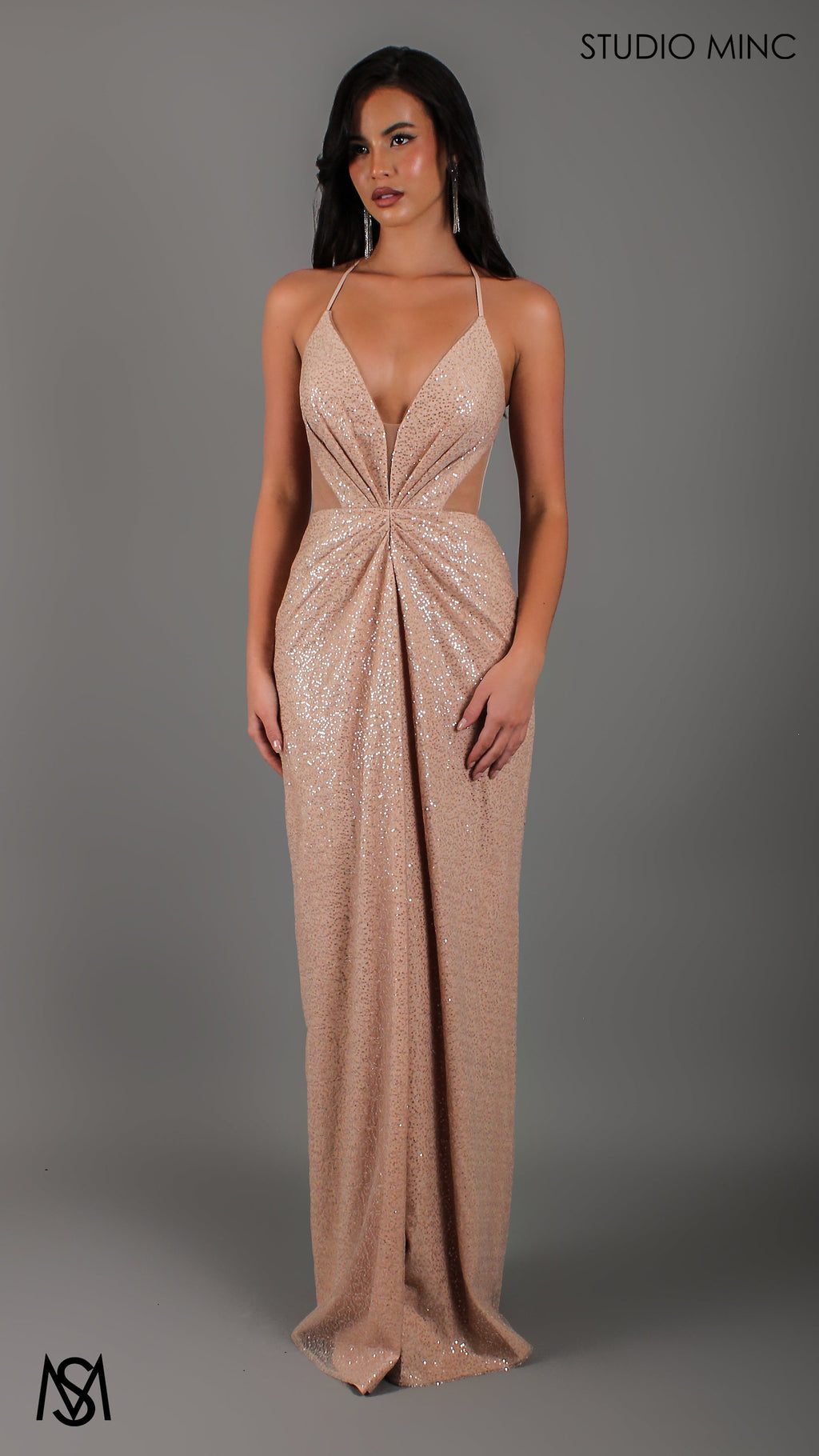 Nightfall - Gold Formal Dress, Sequin net plunge V neckline, cut outs backless lace up
