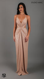 Nightfall - Gold Formal Dress, Sequin net plunge V neckline, cut outs backless lace up