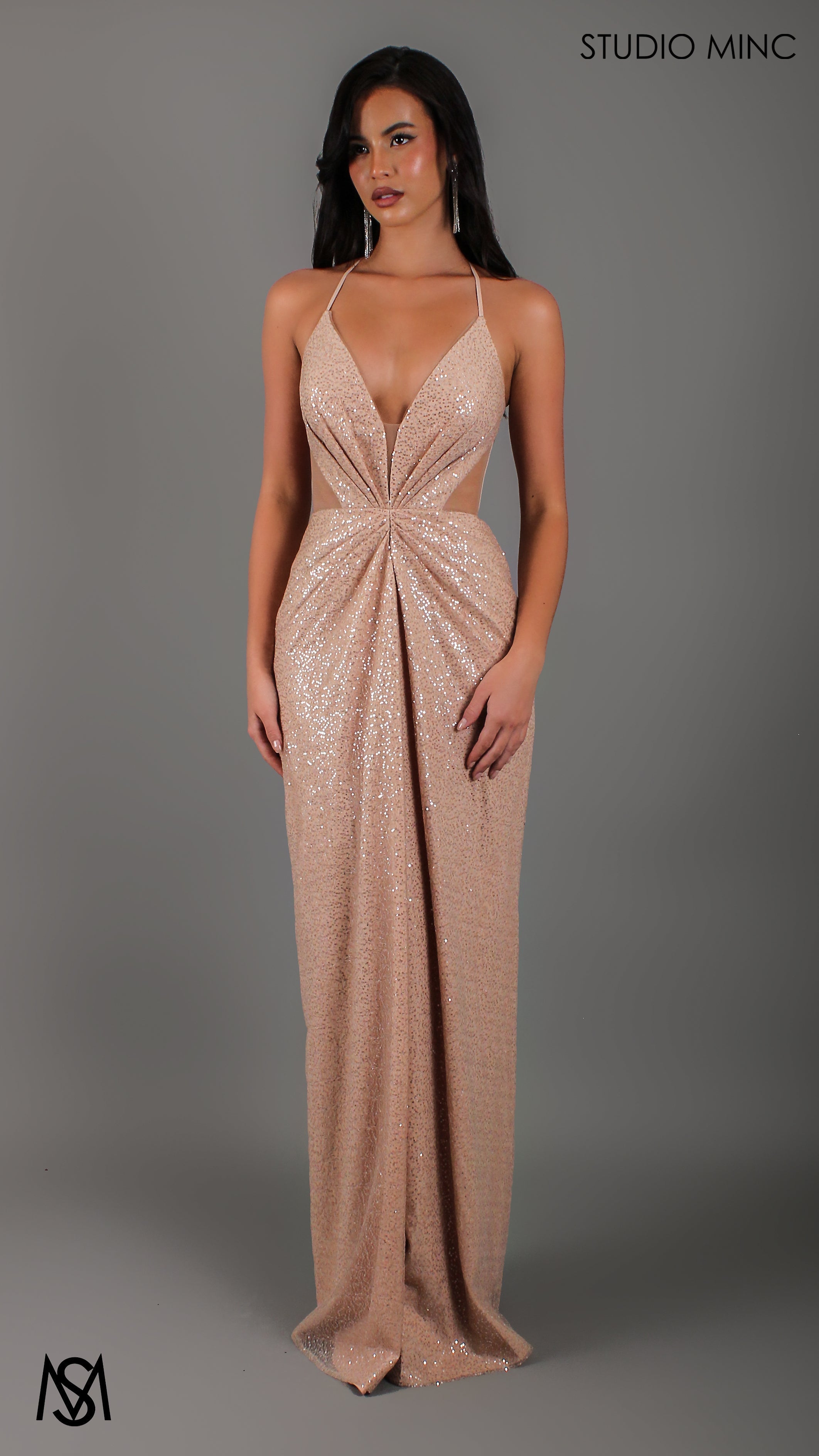 Nightfall - Gold Formal Dress, Sequin net plunge V neckline, cut outs backless lace up