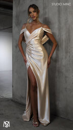 Opulence - Champagne Gold Formal Dress, Satin V Neckline, arm drapes and leg slit