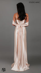 Opulence - Champagne Gold Formal Dress, Satin V Neckline, arm drapes and leg slit