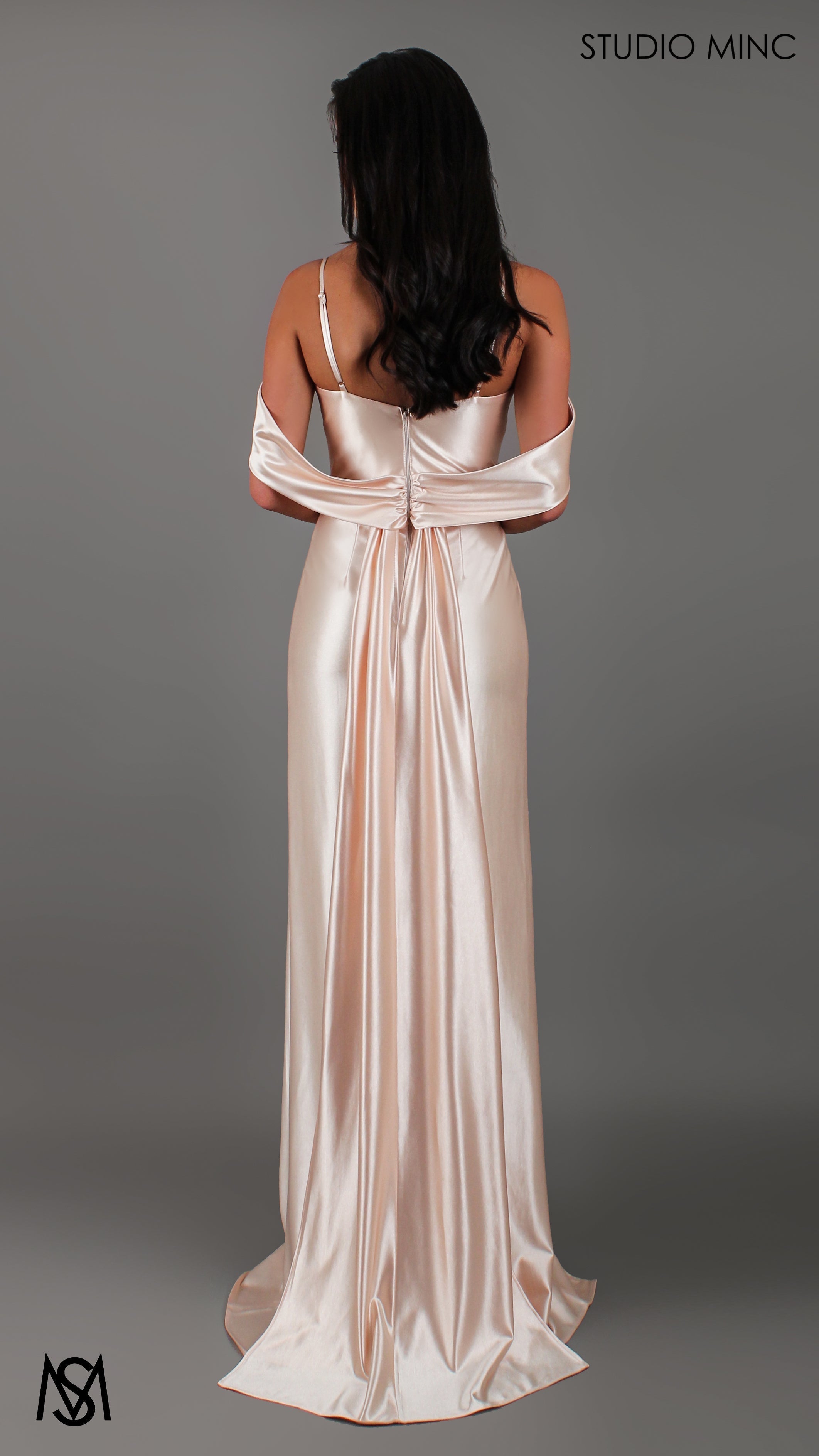 Opulence - Champagne Gold Formal Dress, Satin V Neckline, arm drapes and leg slit