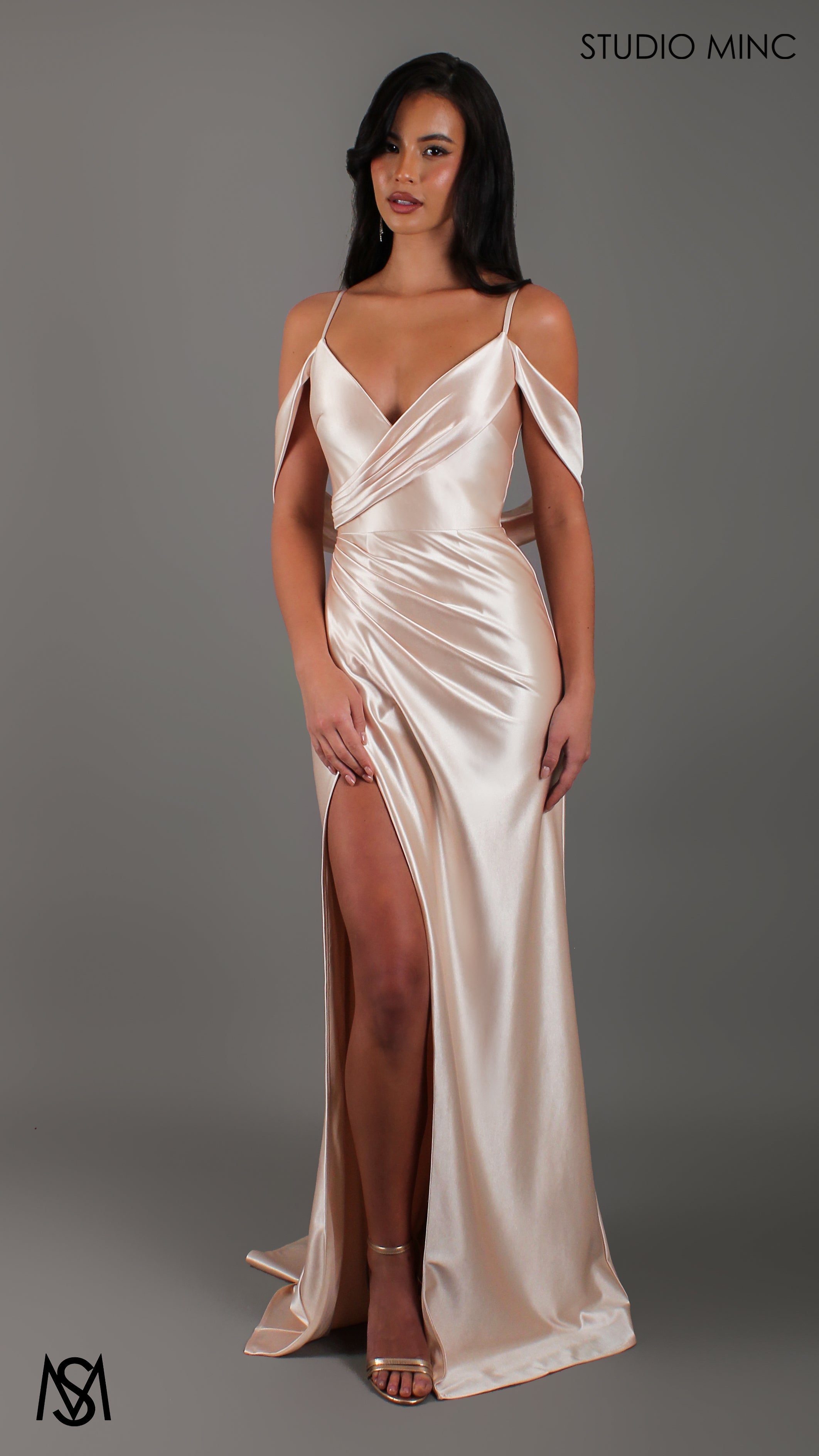 Opulence - Champagne Gold Formal Dress, Satin V Neckline, arm drapes and leg slit