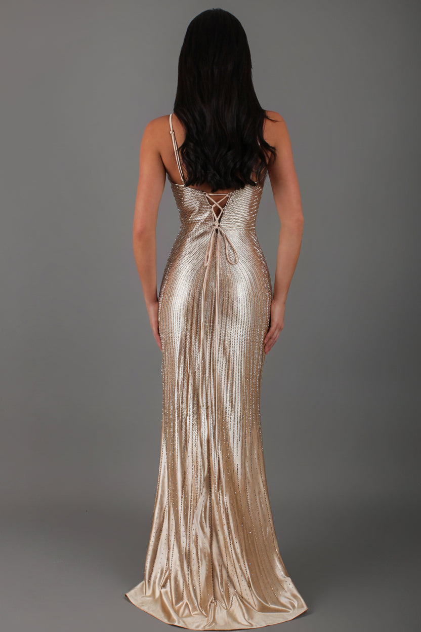 Starlight - Champagne Gold Formal Dress, Rhinestone V Plunge Neckline Fitted Mermaid Leg Split