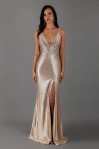 Starlight - Champagne Gold Formal Dress, Rhinestone V Plunge Neckline Fitted Mermaid Leg Split