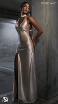 Suave - Champagne Gold Formal Dress, Halter Neck Cowl fitted backless leg slit with scarf