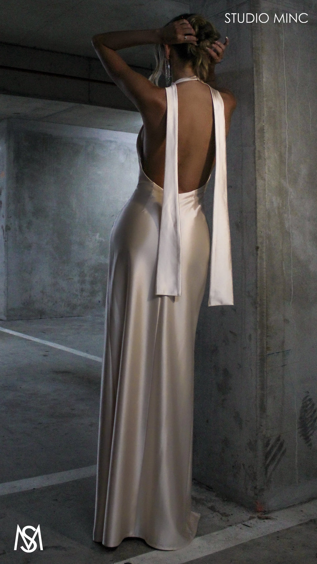 Suave - Champagne Gold Formal Dress, Halter Neck Cowl fitted backless leg slit with scarf