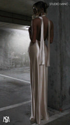 Suave - Champagne Gold Formal Dress, Halter Neck Cowl fitted backless leg slit with scarf