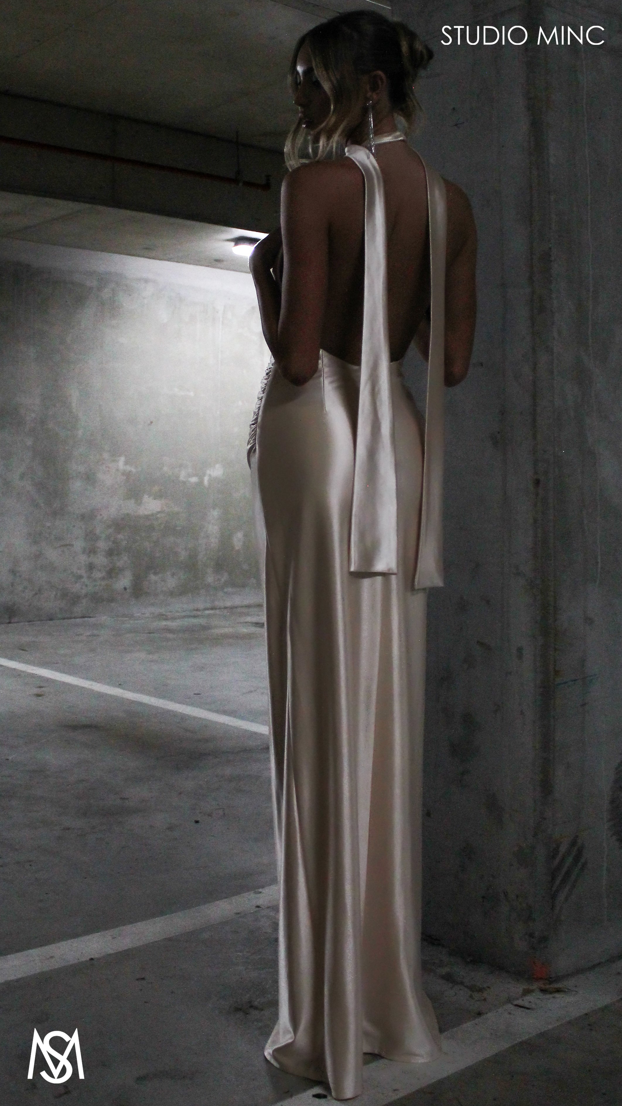 Suave - Champagne Gold Formal Dress, Halter Neck Cowl fitted backless leg slit with scarf