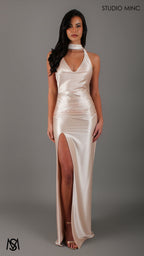 Suave - Champagne Gold Formal Dress, Halter Neck Cowl fitted backless leg slit with scarf