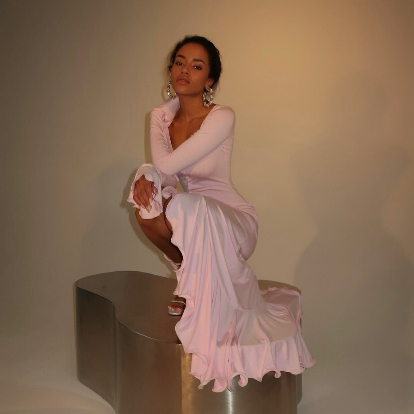 Good Girl Chic Pink Ruffled Midi Dress