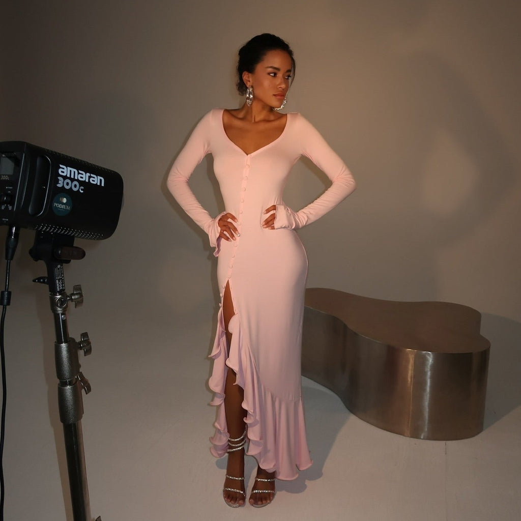 Good Girl Chic Pink Ruffled Midi Dress