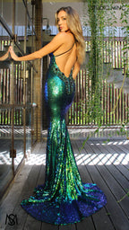 Angel - Green Formal Dress, Sequin V Neckline Backless embellished Fitted Mermaid