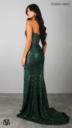 Elision - Emerald Green Formal Dress, Sequin and beaded Strapless corset, drop-waist fitted silhouette high leg slit