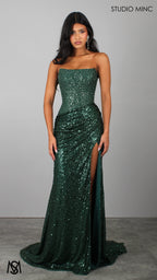 Elision - Emerald Green Formal Dress, Sequin and beaded Strapless corset, drop-waist fitted silhouette high leg slit