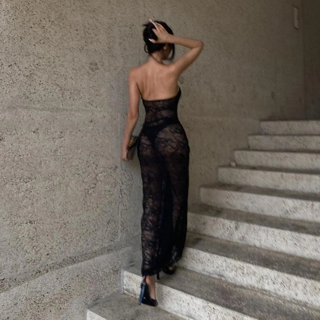 Her Figure Black Lace Off-Shoulder Maxi Dress