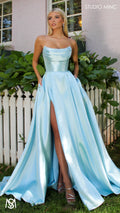 Honey - Light Blue formal Dress | Strapless corset pearl detail Mikado satin ball gown