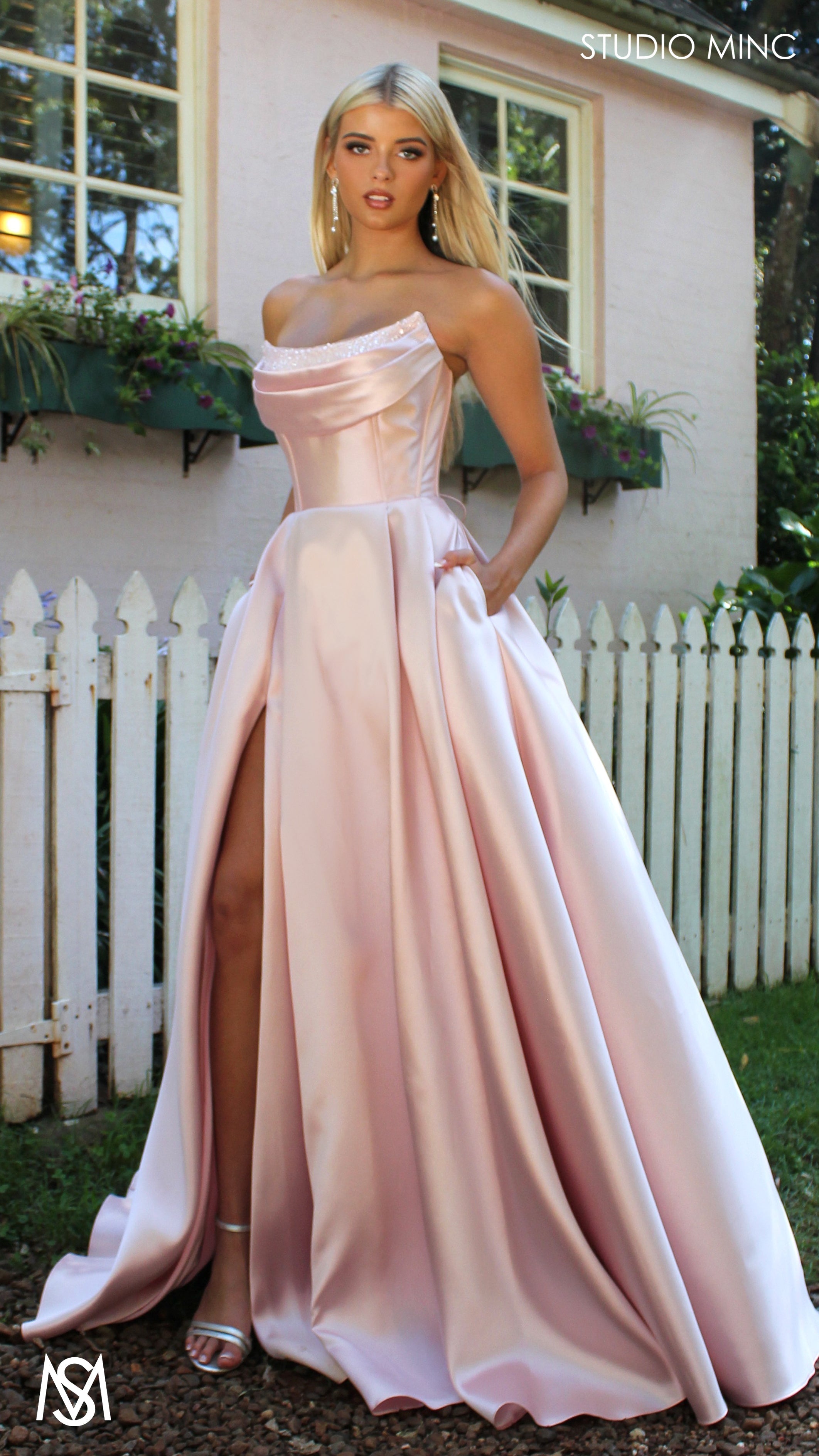 Honey - Light Pink formal Dress | Strapless corset pearl detail Mikado satin ball gown