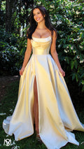 Honey - Light Yellow formal Dress | Strapless corset pearl detail Mikado satin ball gown