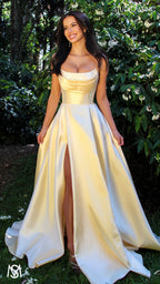Honey - Light Yellow formal Dress | Strapless corset pearl detail Mikado satin ball gown