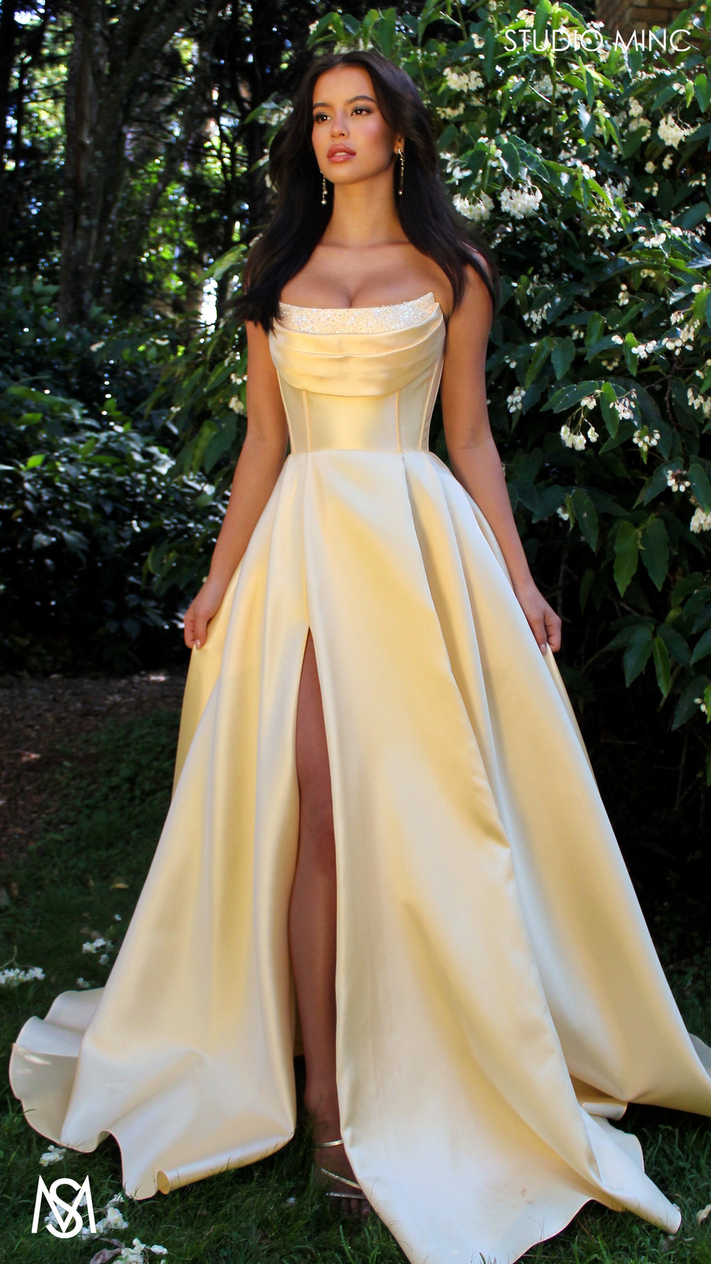 Honey - Light Yellow formal Dress | Strapless corset pearl detail Mikado satin ball gown