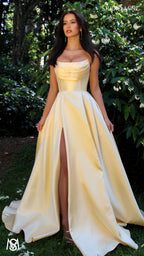 Honey - Light Yellow formal Dress | Strapless corset pearl detail Mikado satin ball gown