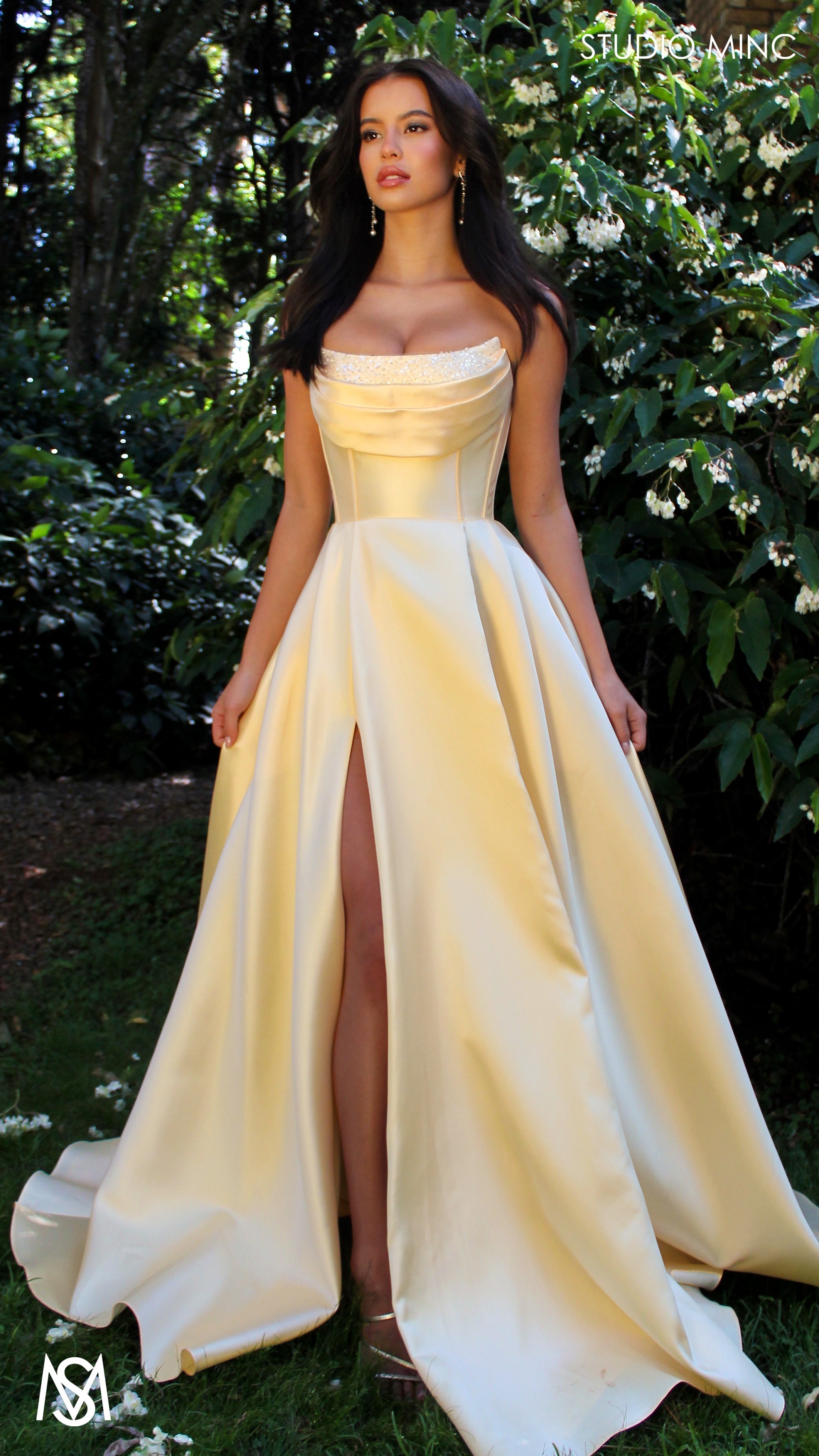 Honey - Light Yellow formal Dress | Strapless corset pearl detail Mikado satin ball gown