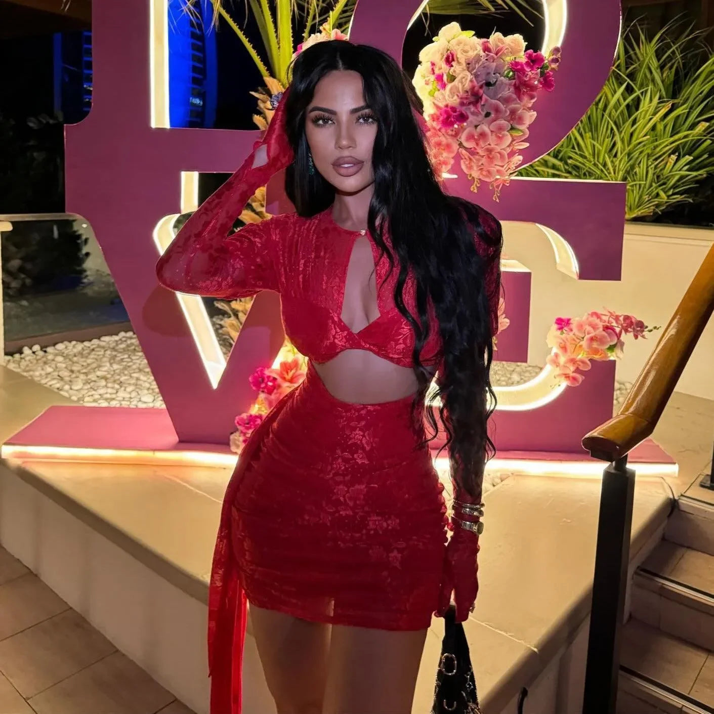 I Am A Poisonous Draped Red Mini Dress with Gloves