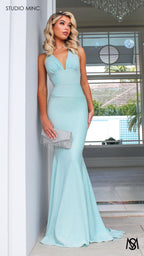 SHIMMER HOURGLASS - Frozen Blue    Fitted Formal Dress with Plunge Neckline
