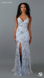 SERENDIPITY - Baby Blue Formal Dress with Silver Sequin and Leg Split
