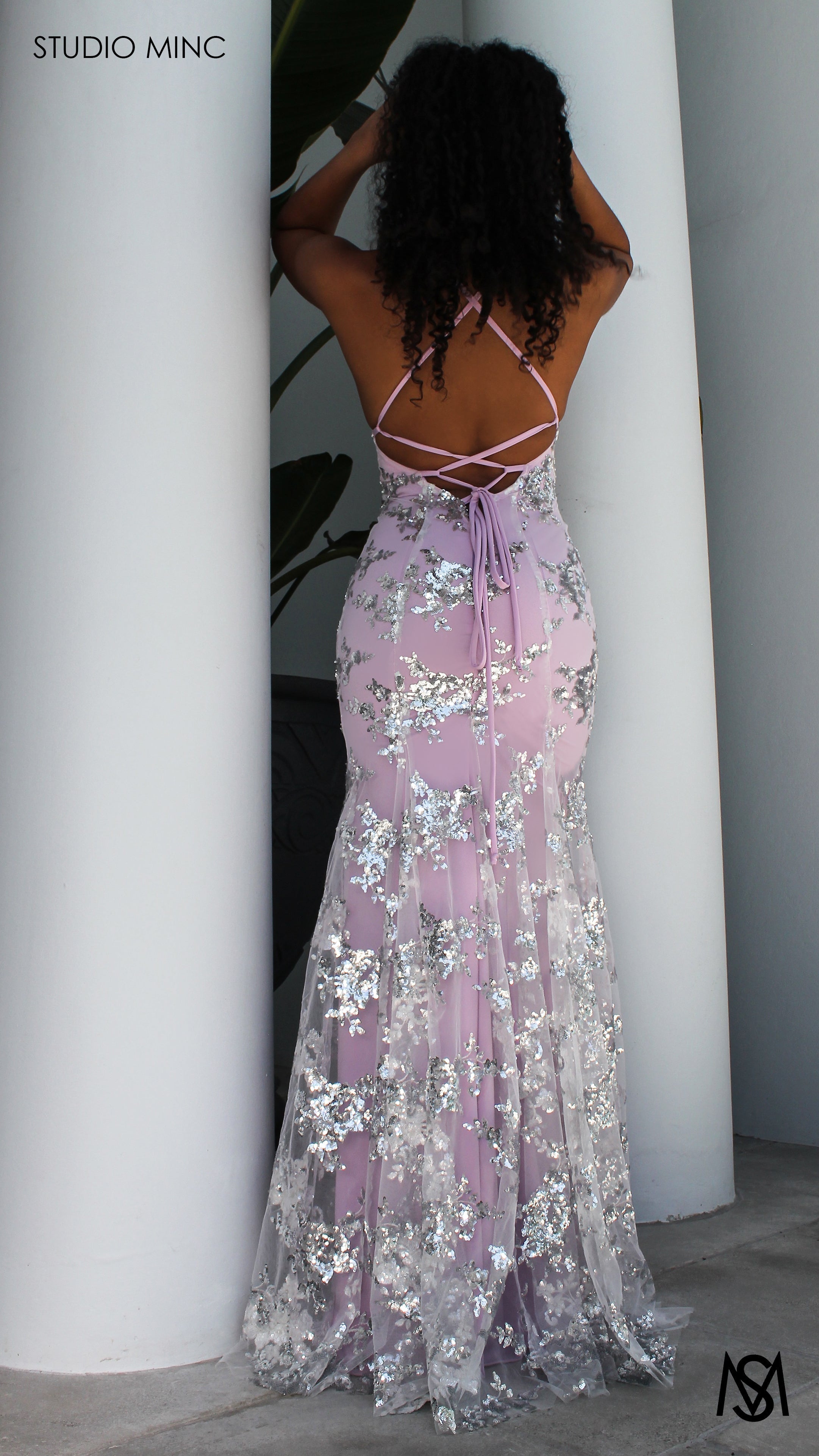SERENDIPITY - Lavender Purple Formal Dress with Silver Sequin Overlay & Leg Split