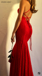 BELLE - Red Lace Formal Dress with Backless Lace Up