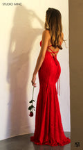 BELLE - Red Lace Formal Dress with Backless Lace Up