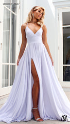 COSMO - White Flowy Formal Dress with Leg Split & Cut Outs