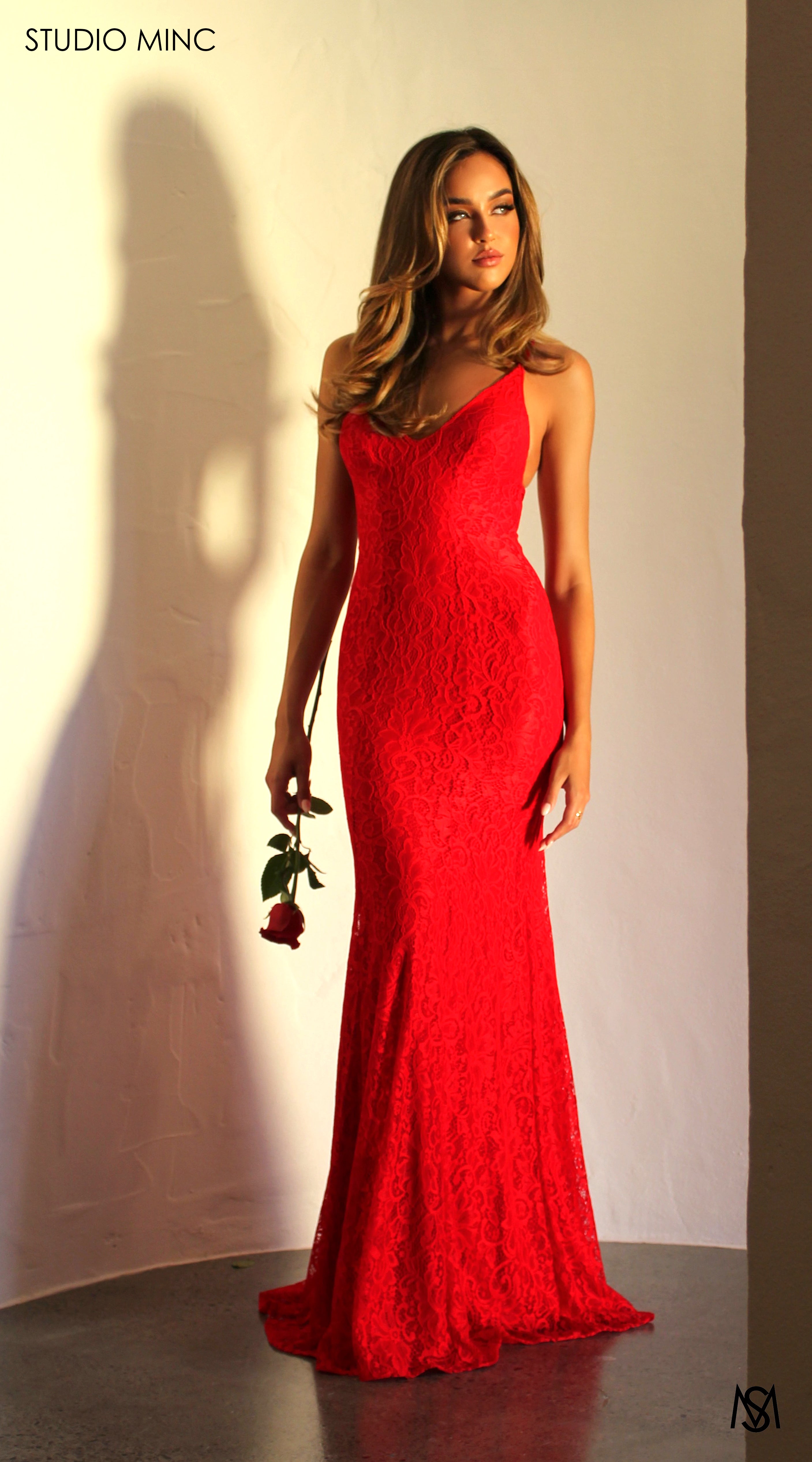 BELLE - Red Lace Formal Dress with Backless Lace Up