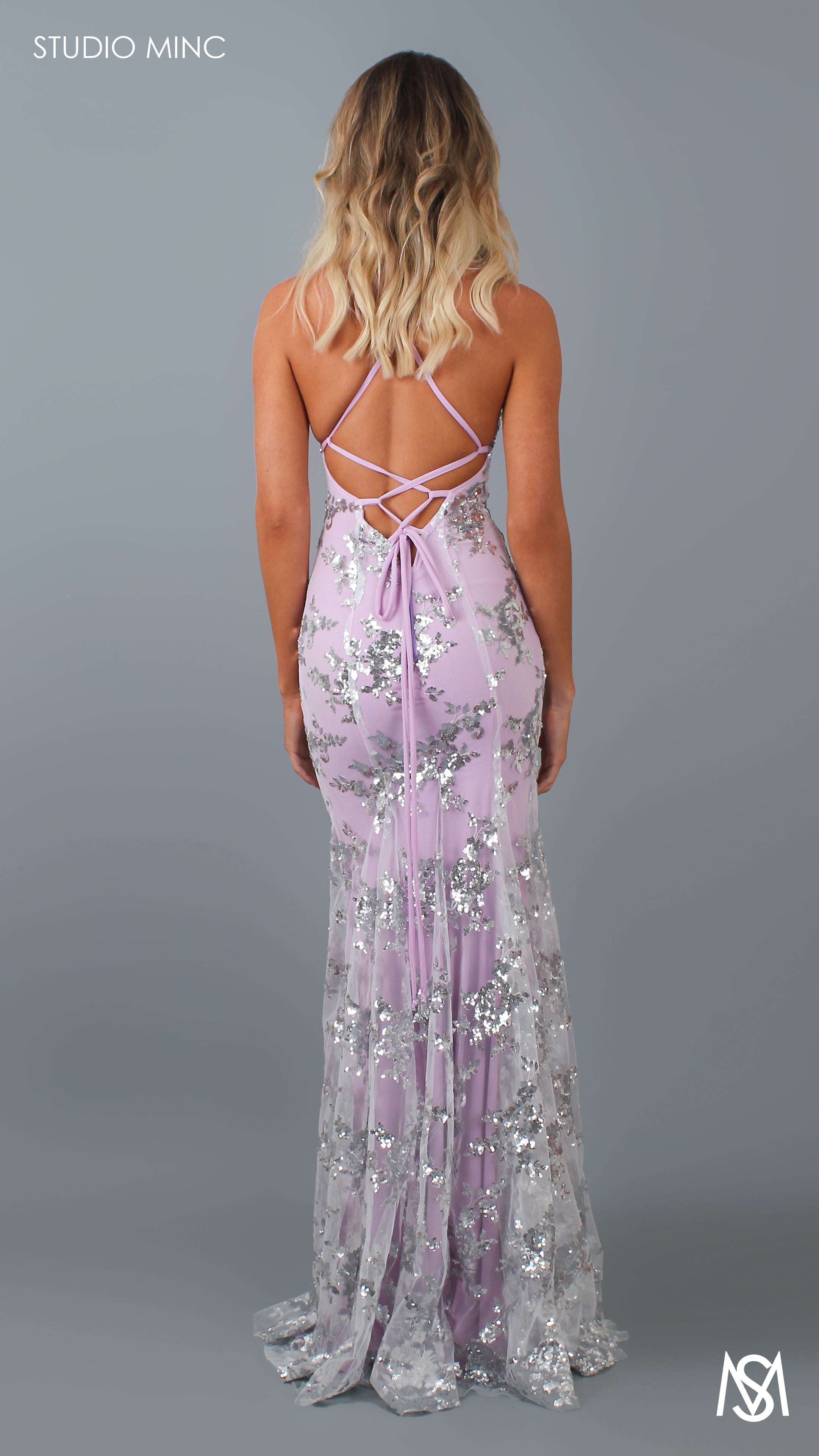 SERENDIPITY - Lavender Purple Formal Dress with Silver Sequin Overlay & Leg Split
