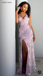 SERENDIPITY - Lavender Purple Formal Dress with Silver Sequin Overlay & Leg Split