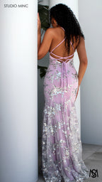 SERENDIPITY - Lavender Purple Formal Dress with Silver Sequin Overlay & Leg Split
