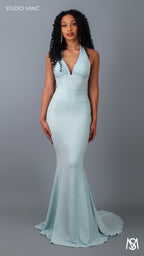 SHIMMER HOURGLASS - Frozen Blue    Fitted Formal Dress with Plunge Neckline