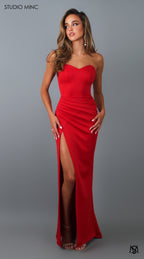 EGO - Red Strapless Formal Dress with Leg Split and Corset Bodice