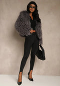 Mona - Gray Plain Fringe Faux Fur Short Jacket
