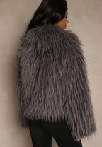 Mona - Gray Plain Fringe Faux Fur Short Jacket